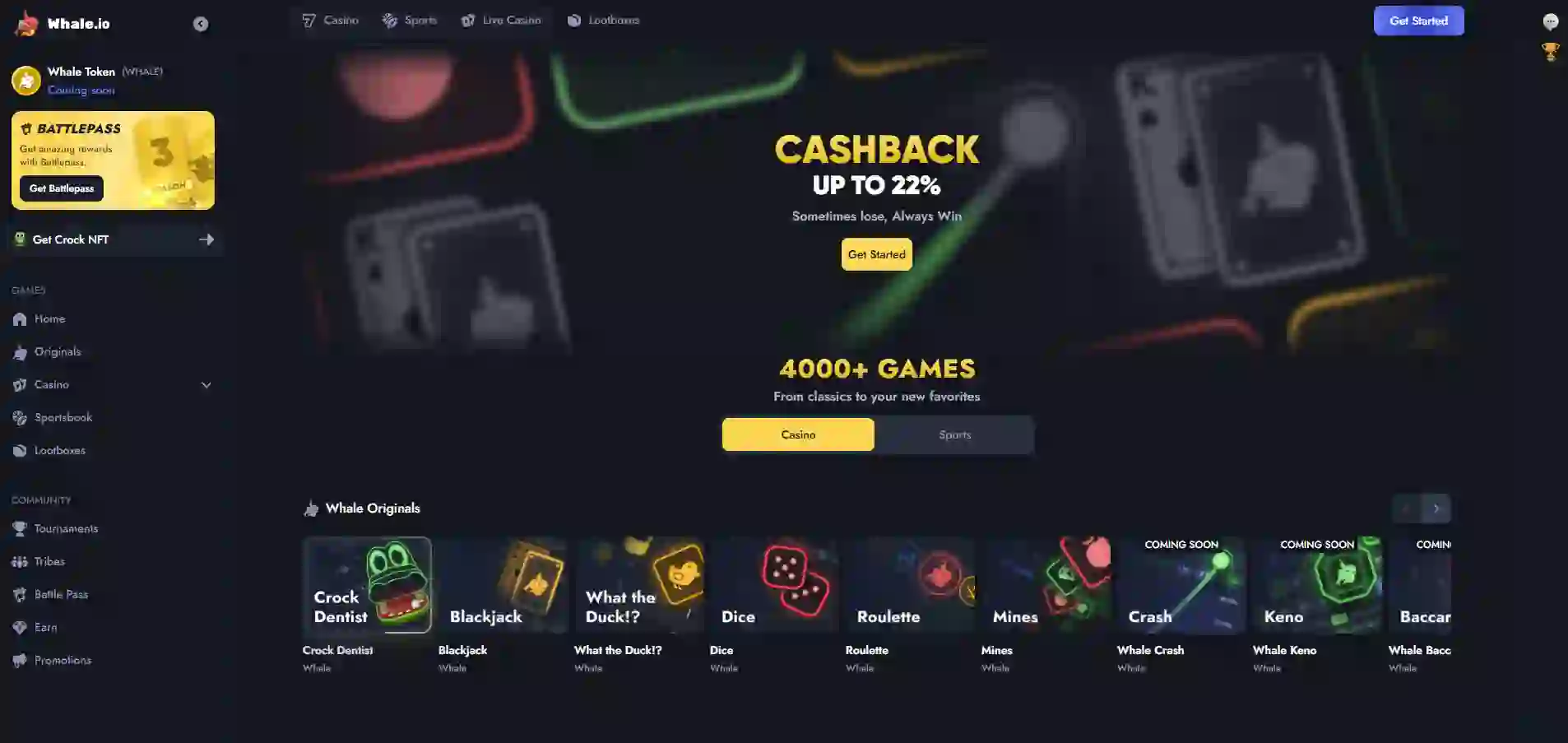 Whale.io casino sin hjemmeside med 22 % cashback-tilbud fremhevet på banneret