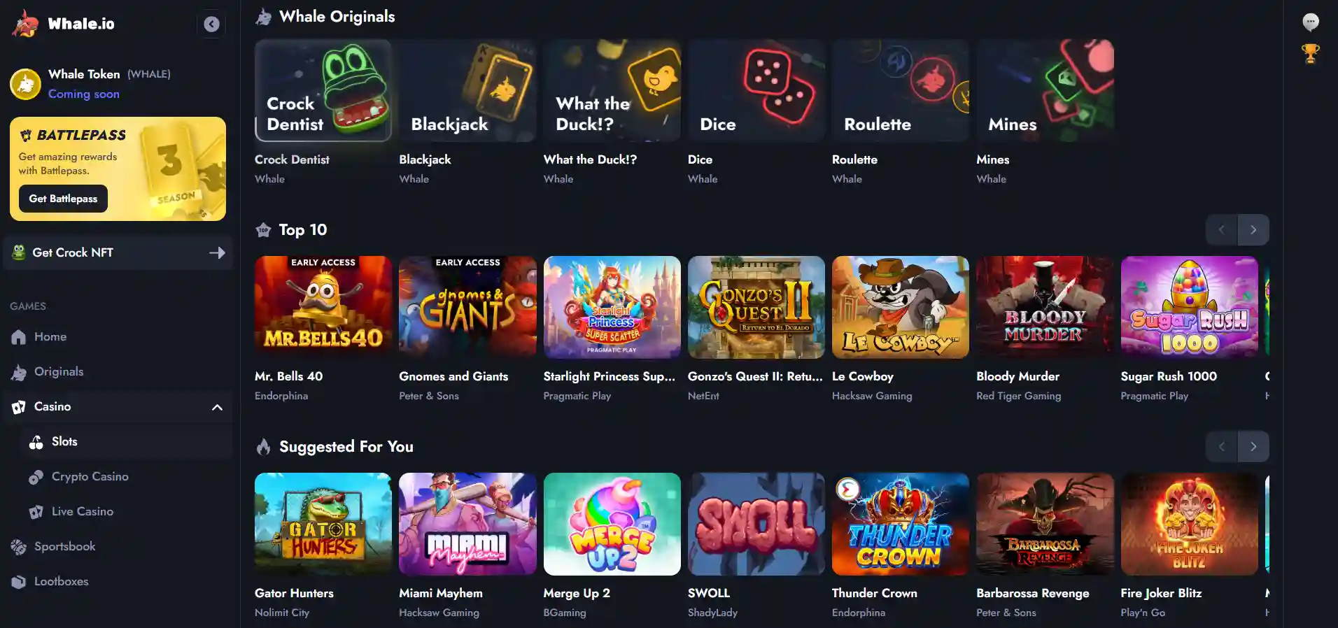 Whale.io casino game lobby showing the navigation menu and a selection of casino game thumbnails on a dark background.