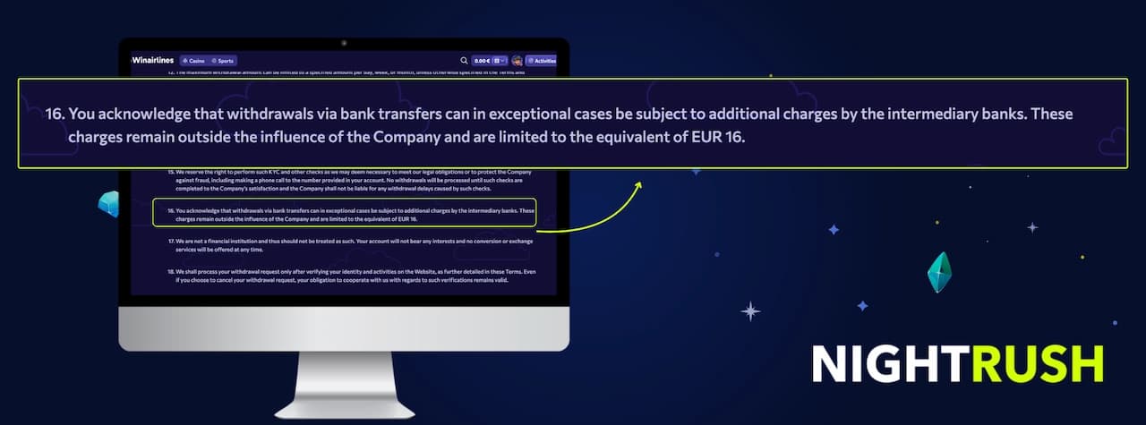 Winairlines Casino terms and conditions screen showing bank transfer fee cap of EUR 16 for player withdrawals