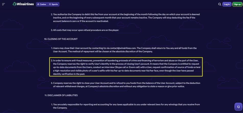 Winairlines Casino Terms and Conditions page highlighting KYC and compliance policies