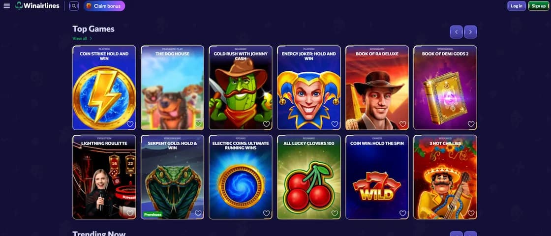 Winairlines Casino game selection lobby showcasing available titles and categories.