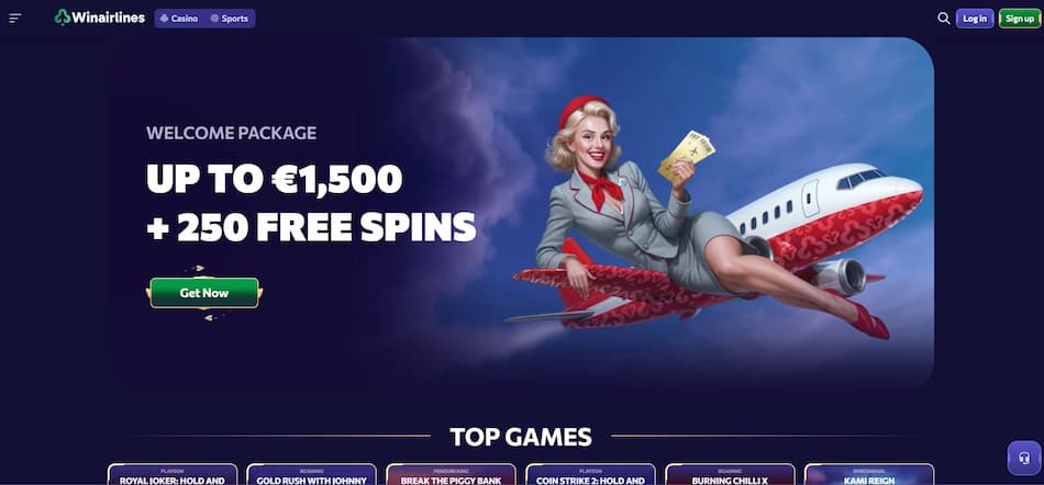 Winairlines Casino homepage displaying the welcome bonus offer against a blue sky and clouds background