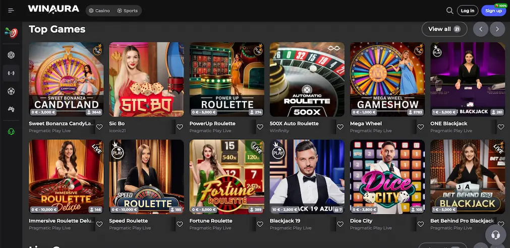 Winaura Casino game lobby showcasing available slot and table game titles