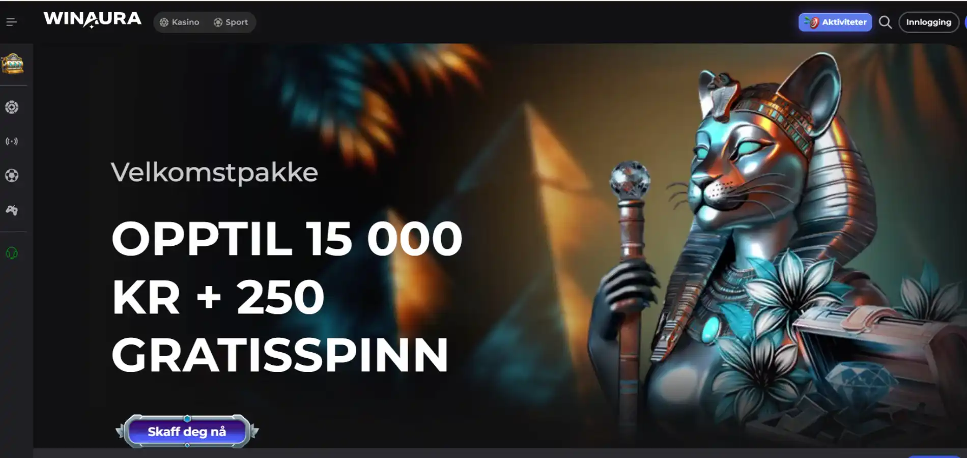 Winaura Casino sin hjemmeside med velkomstbonusen 15 000 kr + 250 gratisspinn synlig.