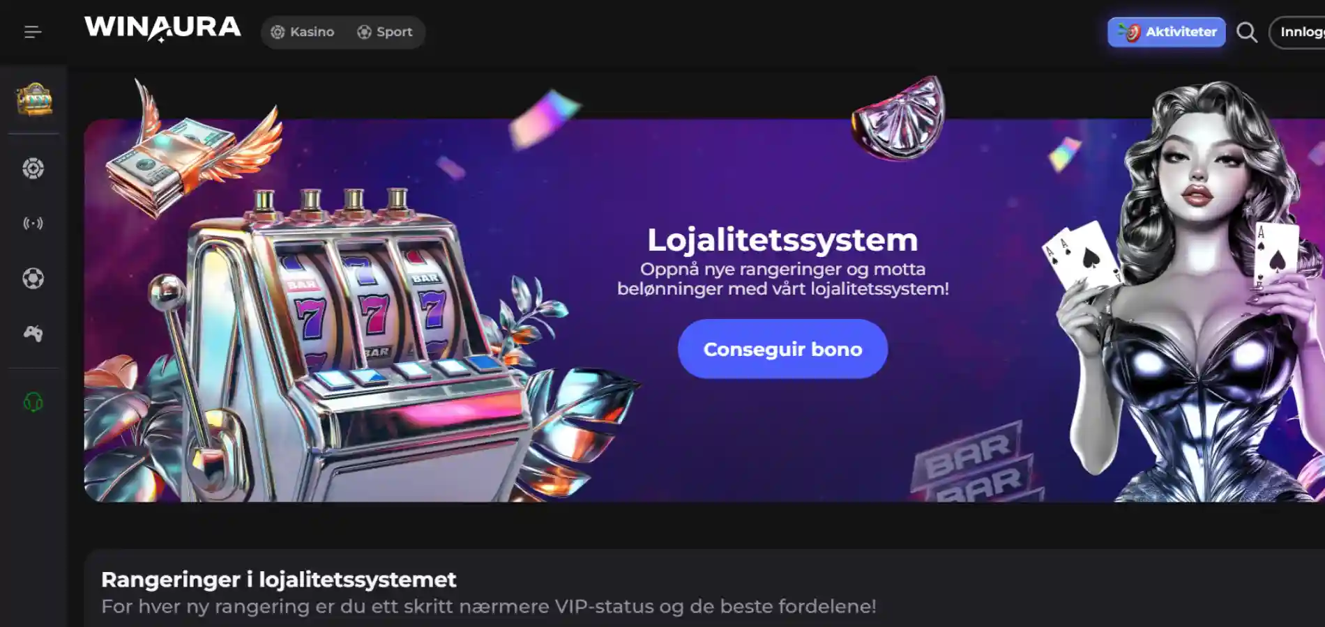 Winaura Casino sitt lojalitetsprogram presentert med en spilleautomat og en elegant dame i bakgrunnen