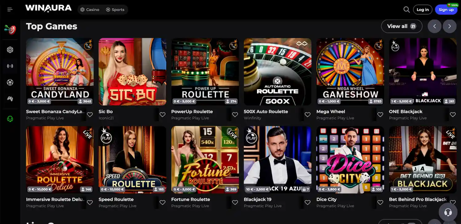 Aperçu de la sélection de jeux disponibles sur Winaura Casino