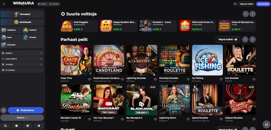 Winaura Casinon livekasinopelien valikoima ja pelitarjonta