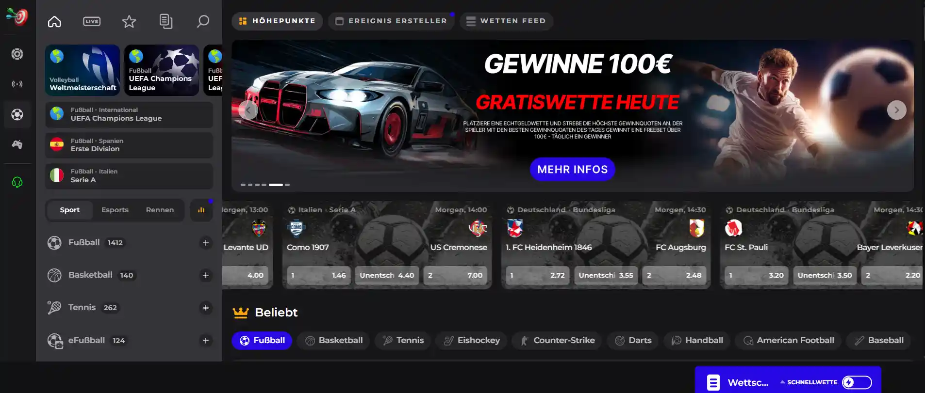 Winaura Sportwetten Übersicht mit aktuellen Wettoptionen und Quoten