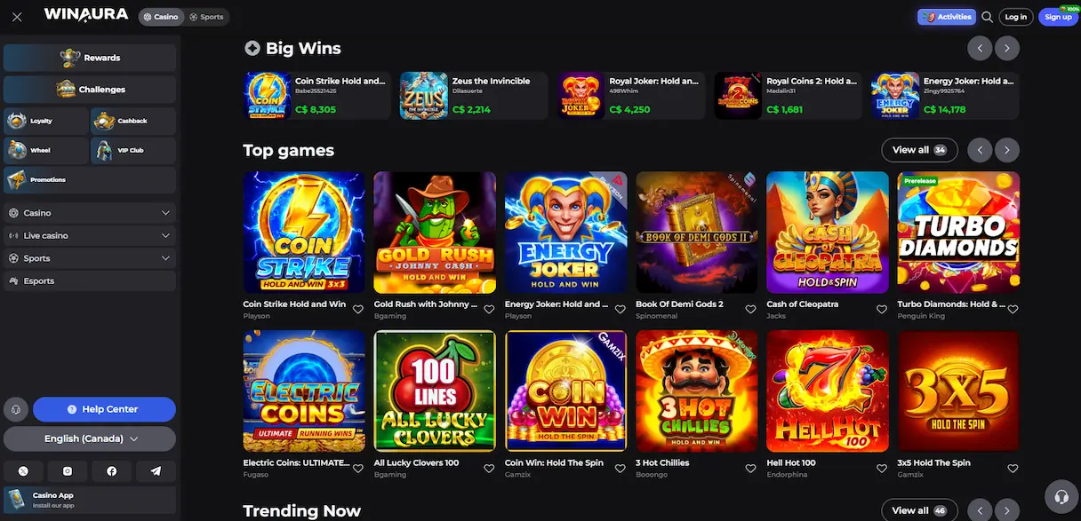 Winaura Casino slot games lobby showing available titles
