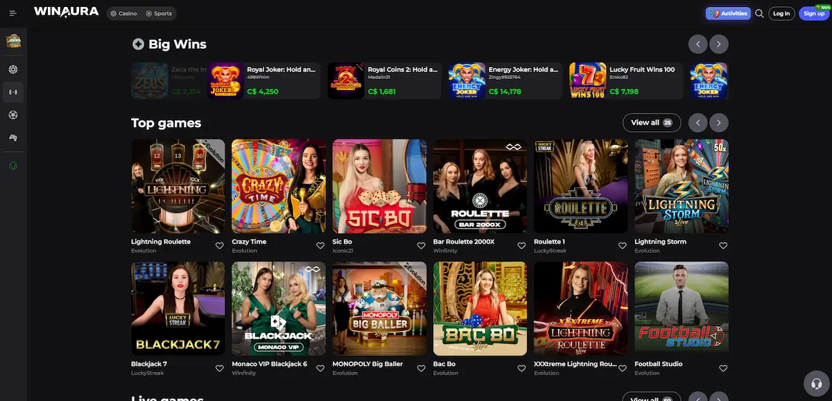 Winaura Casino live casino section featuring real dealer table games