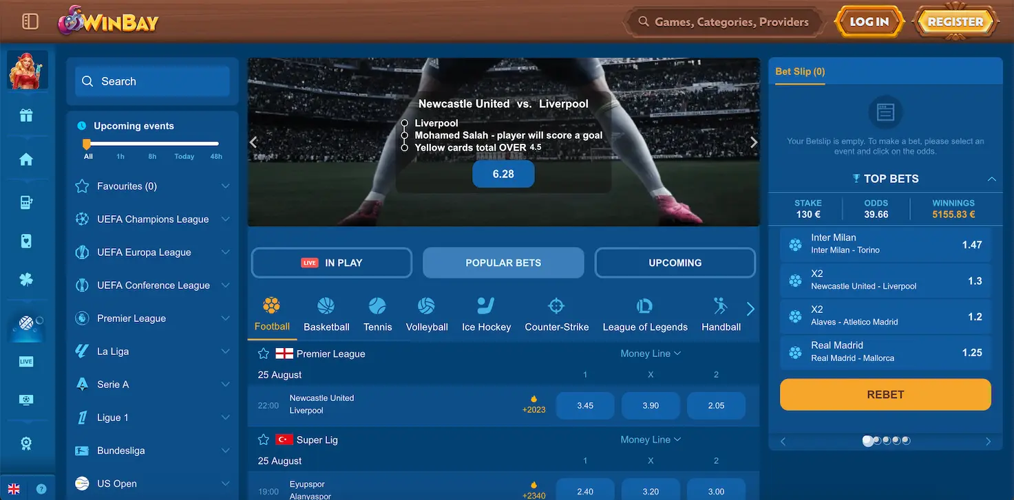 Winbay Casino sportsbook interface showing available sports betting markets.