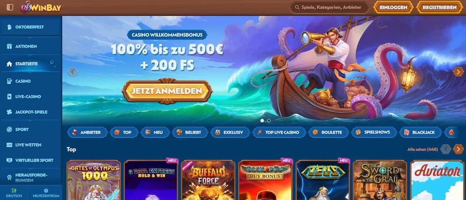 Winbay Startseite mit Willkommensbonus-Angebot und Freispielen für neue Spieler