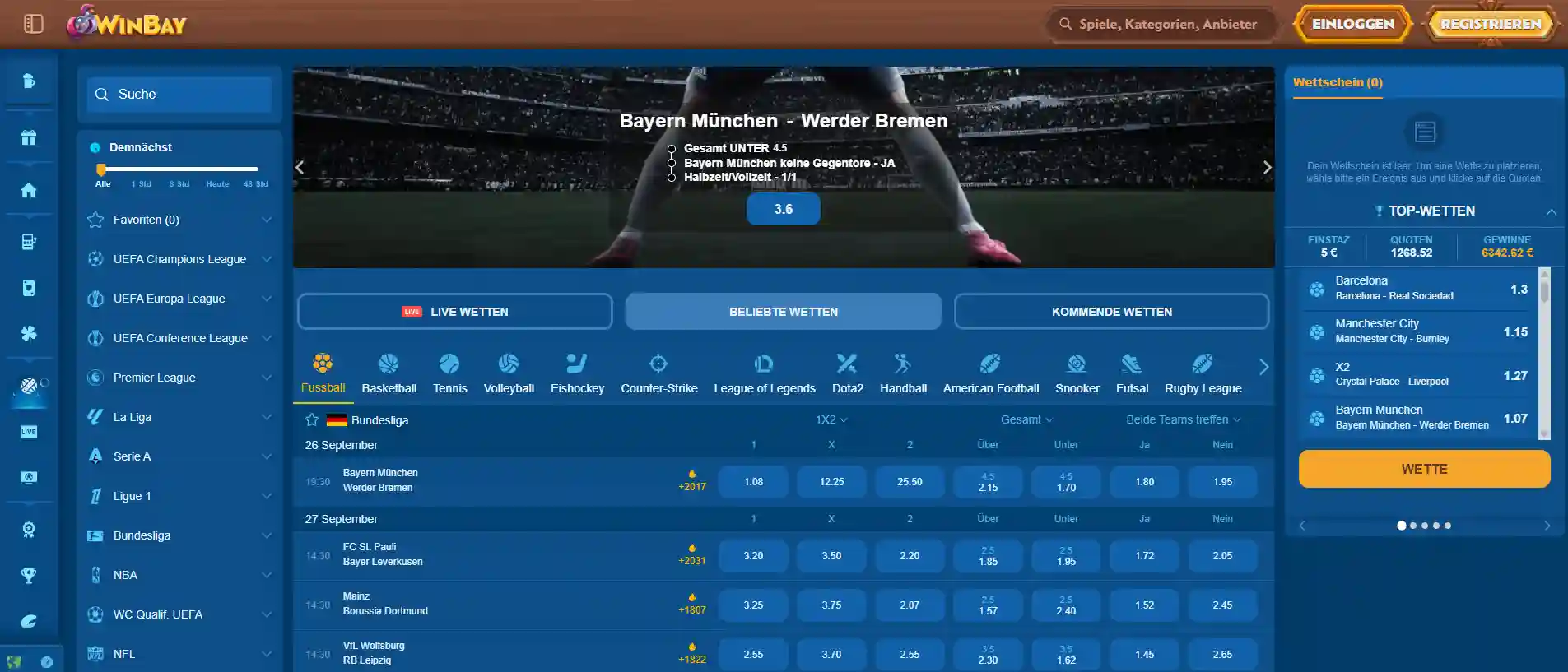 Winbay Sportwetten und Live-Wetten Übersicht