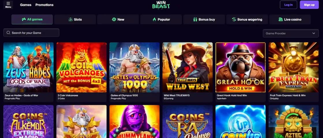 Overview screenshot of the WinBeast Casino game lobby and selection