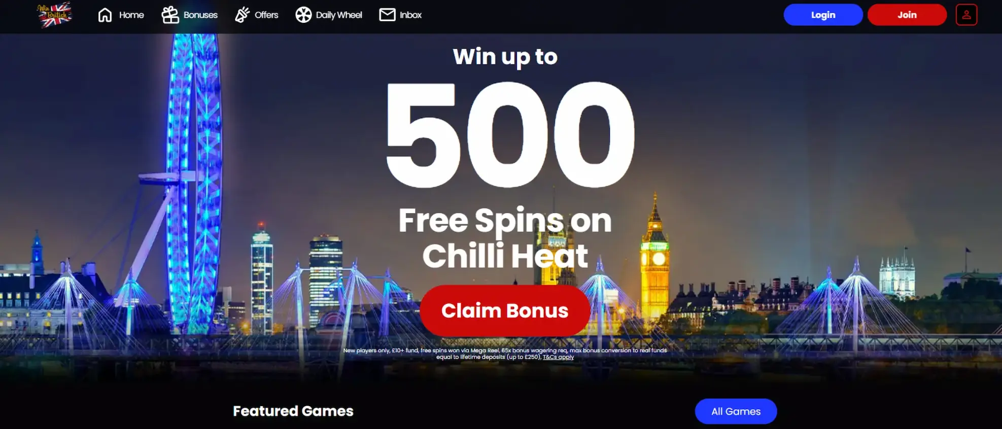 Win British Casino homepage banner showing welcome offer and game categories