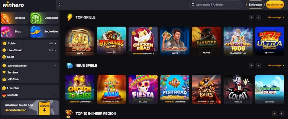 Winhero Casino Startseite mit Willkommensbonus und Spielauswahl
