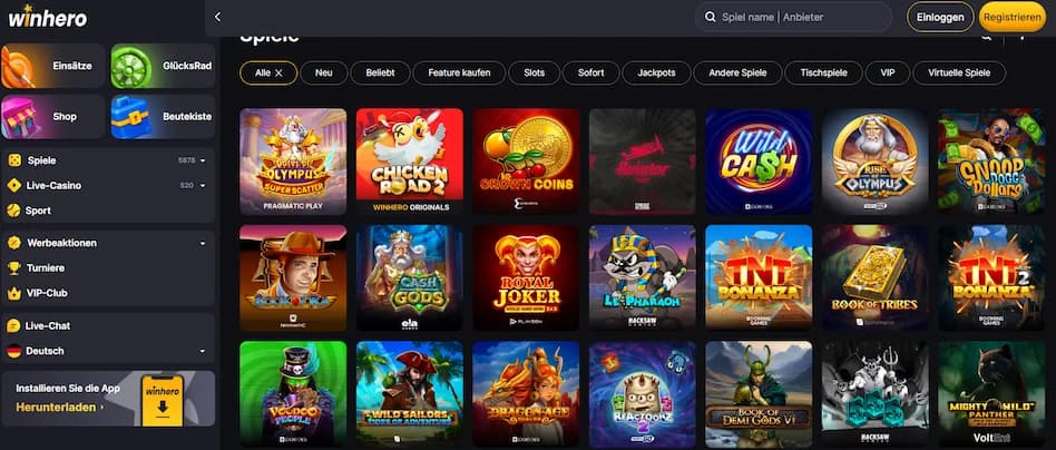 Winhero Casino Spielautomaten-Übersicht auf der Webseite