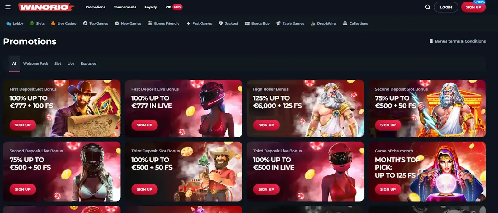 Winorio Casino promotions page displaying welcome bonus offers and deposit deals alongside vibrant character artwork.
