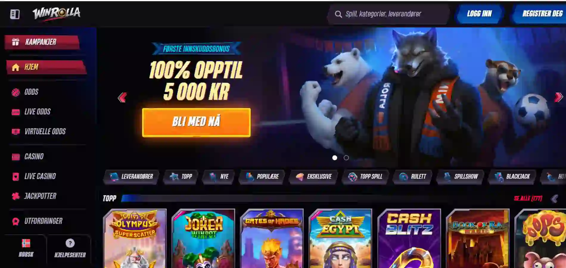 Winrolla Casinos hjemmeside med fargerike dyre-maskotter og kampanjeinnhold