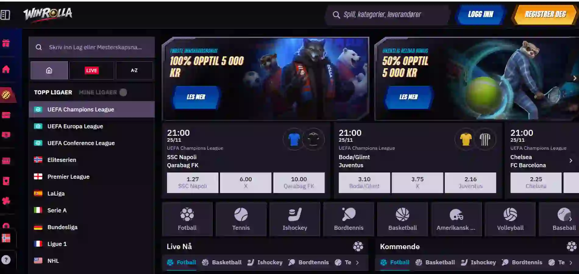 Winrolla Casino sin oddsside med sportsmarkeder og navigasjonsmeny