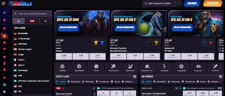 Winrolla Casino Startseite mit Sportwetten und Spielautomaten