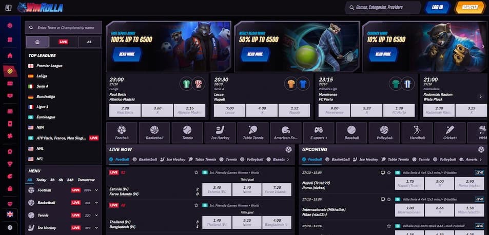 Winrolla Casino sports betting interface showing available markets and events