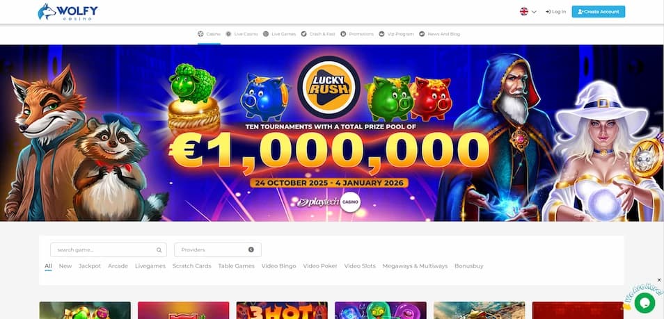 Wolfy Casino game lobby showcasing its full selection of casino games