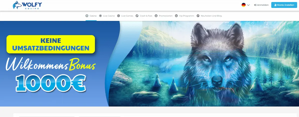 Wolfy Casino Startseite mit Spielübersicht und Bonusangeboten