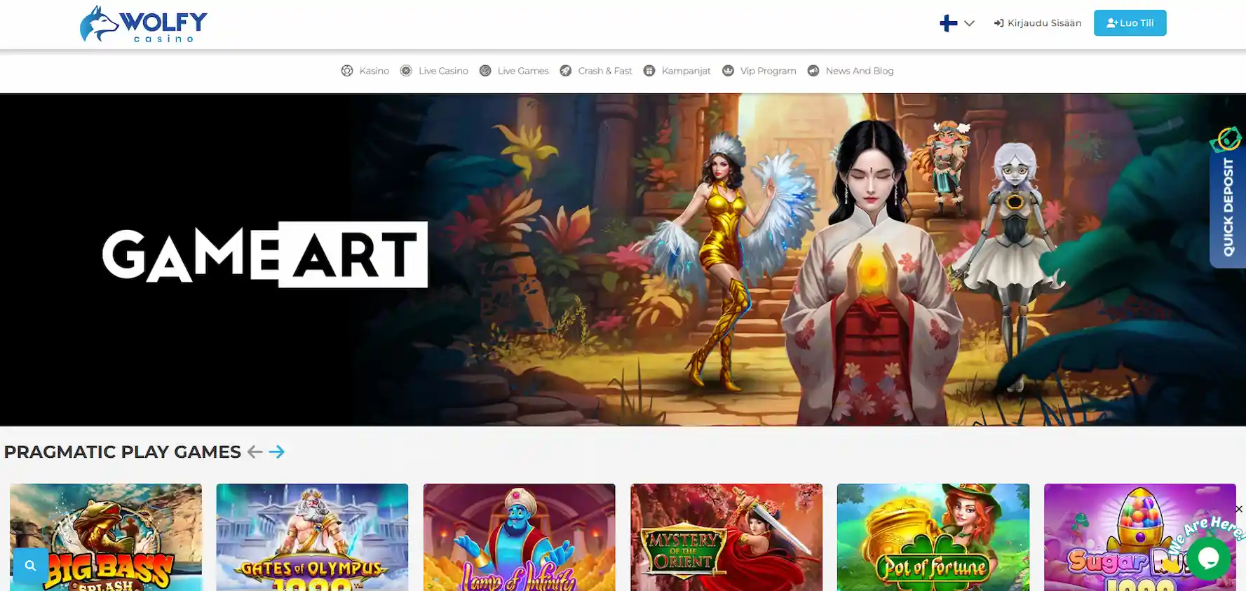 Wolfy Casinon etusivu, jossa GameArt-hahmoja ja valikoituja pelejä valkoisella taustalla