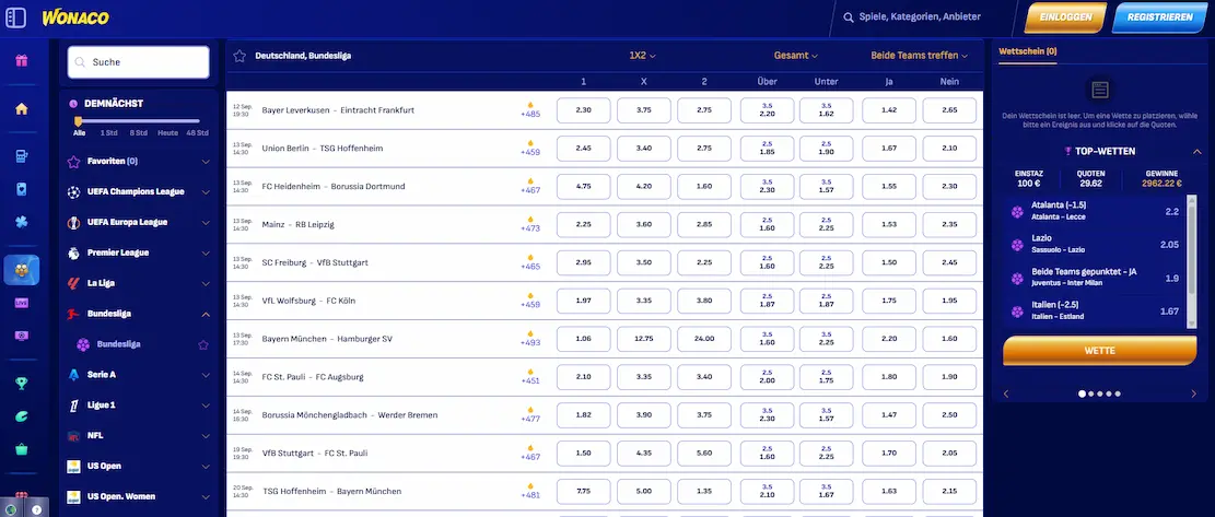 Wonaco Webseite mit dem Sportwetten-Angebot im Überblick