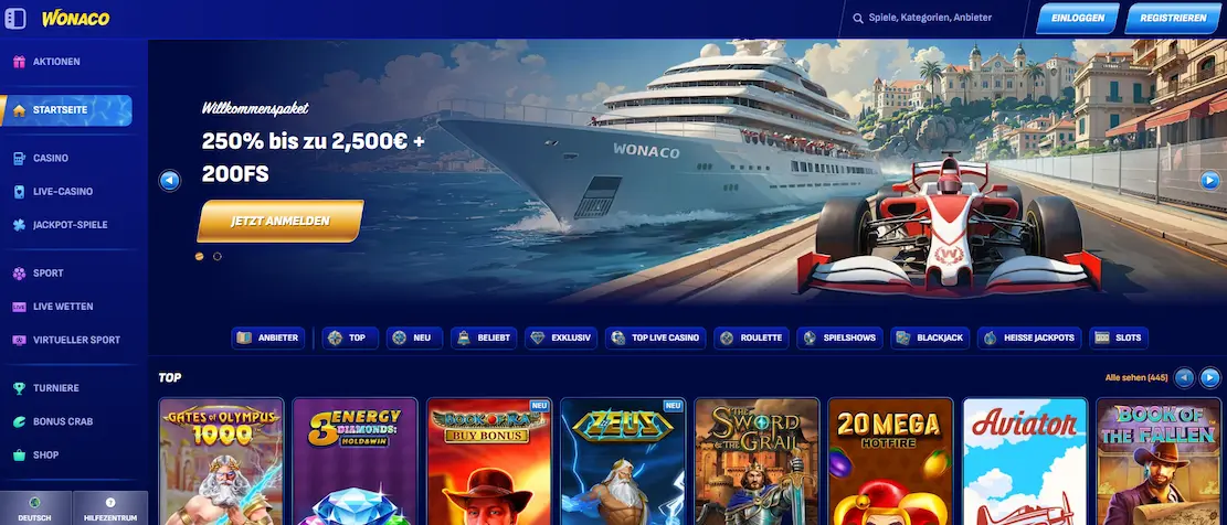 Wonaco Casino Startseite mit Willkommensbonus und Spielautomaten-Auswahl
