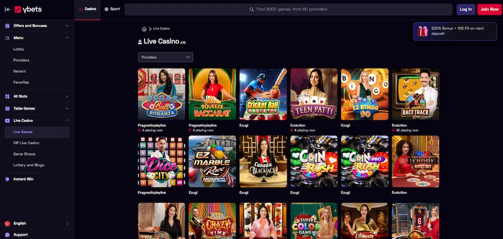 Ybets Casino live dealer games page for NZ players