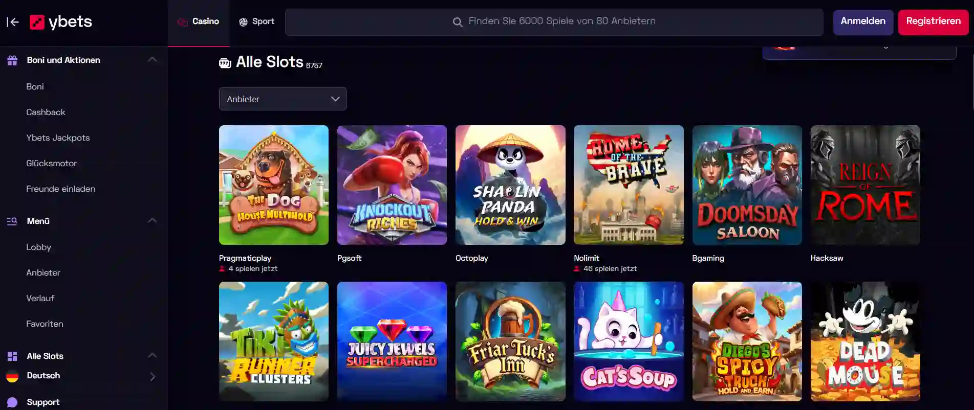 Spielautomaten-Auswahl im Ybets Casino.