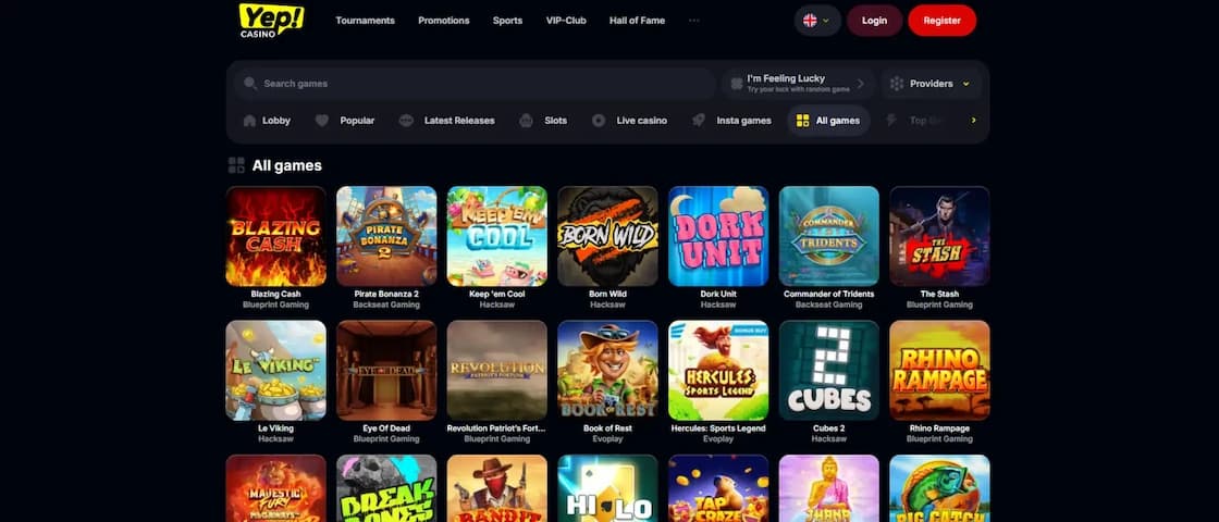 Skjermbilde av spillutvalget i lobbyen på Yep Casino