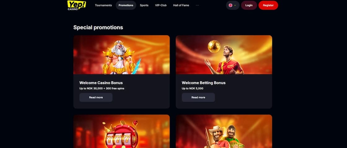 Kampanjeside hos Yep Casino med aktuelle bonustilbud for norske spillere