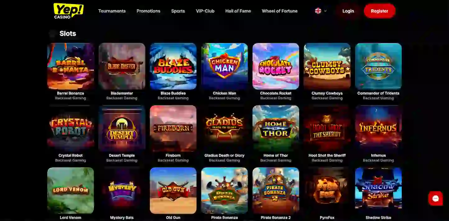 Wide selection of casino games available in the Yep Casino lobby